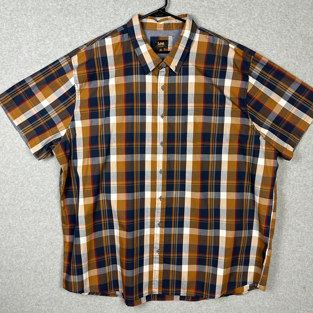 Lee Men's Plaid Short Sleeve Button Up Shirt 3XL Brown Blue White Red‎ Casual